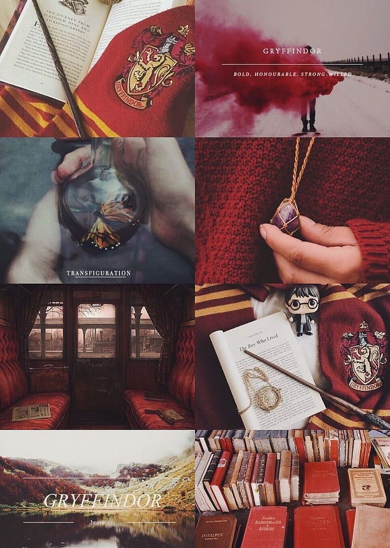 A collage of images of Harry Potter related items such as books, a wand, and a crest. - Gryffindor