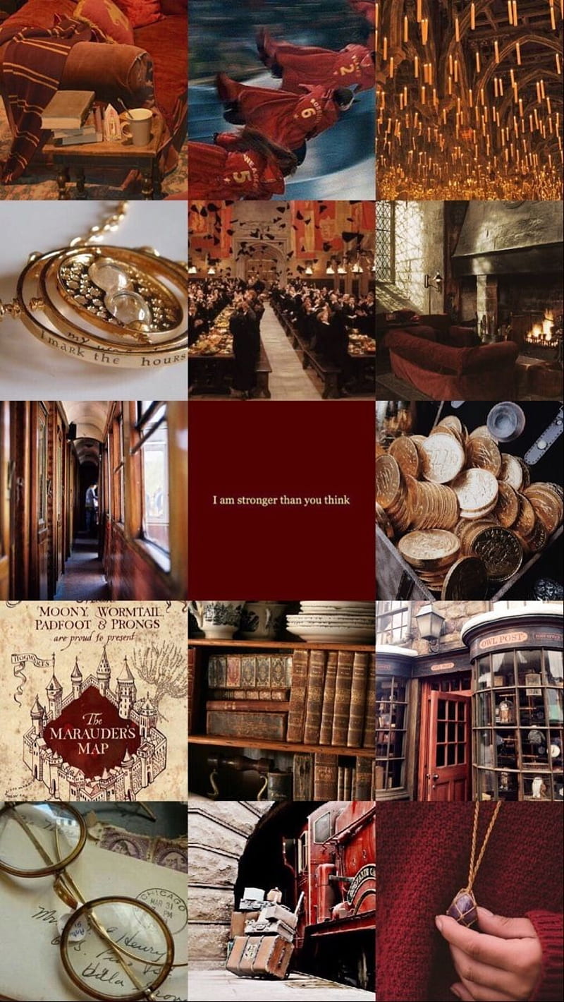 A collage of red and gold images from Harry Potter, including the Marauder's Map, the Whomping Willow, and the inside of Hogwarts library. - Gryffindor