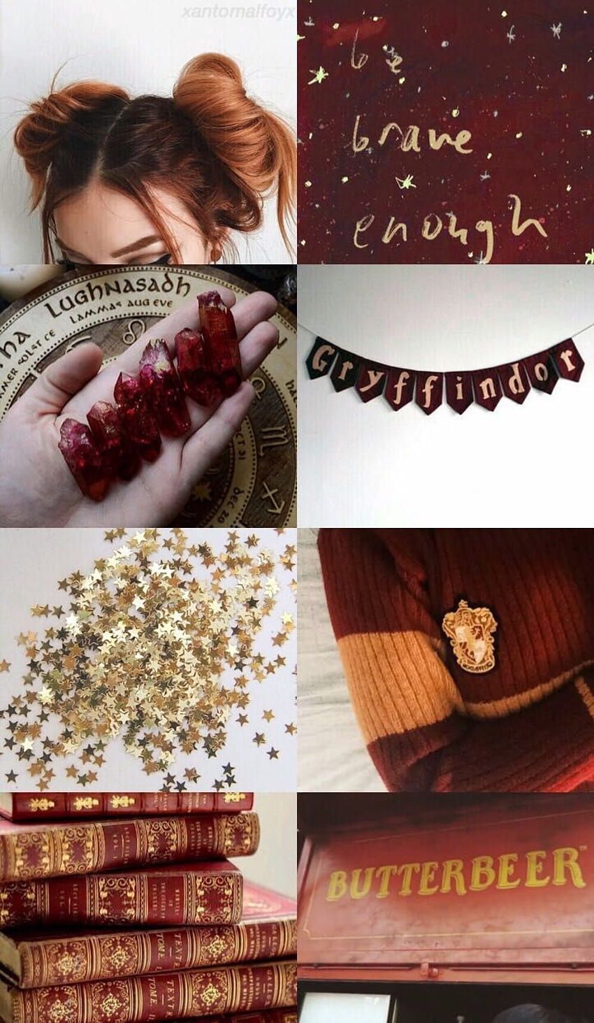 A collage of red and gold aesthetic images including books, glitter, and a banner. - Gryffindor