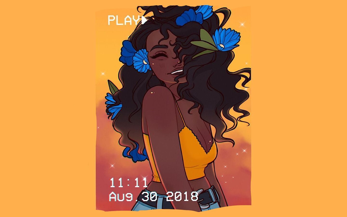 A cartoon illustration of a black woman with flowers in her hair and a date of Aug 30, 2018 - Computer, magic, dark orange