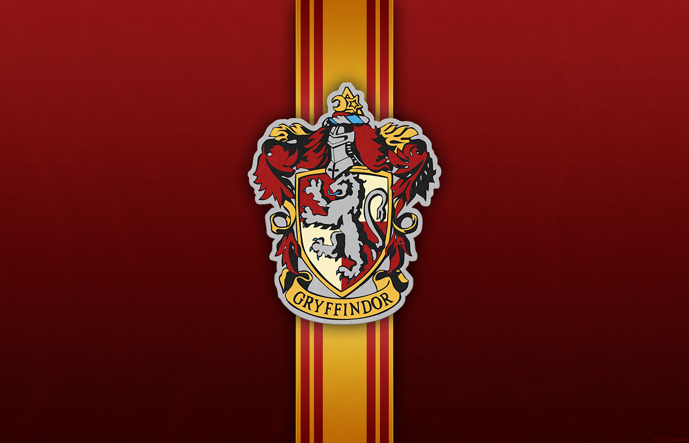 The Gryffindor crest from Harry Potter on a red background with yellow stripes. - Gryffindor