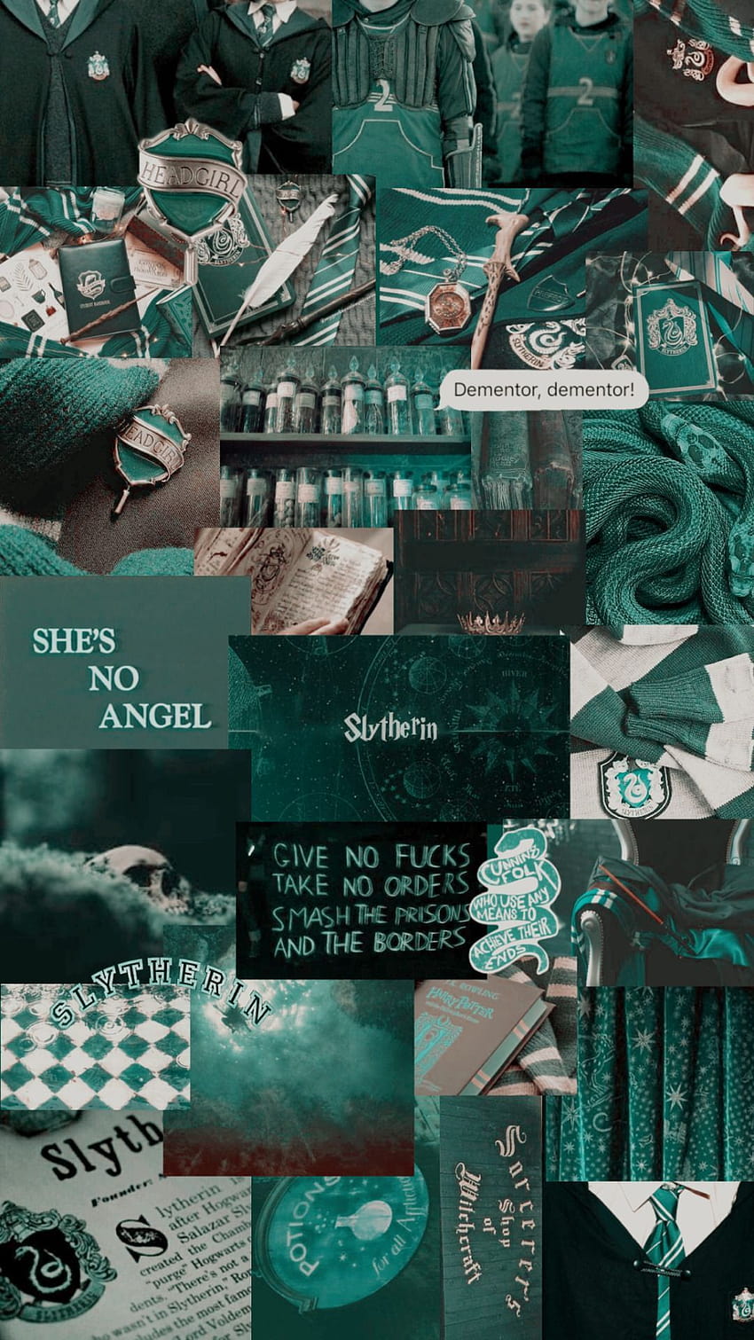 A collage of pictures with green and blue - Slytherin
