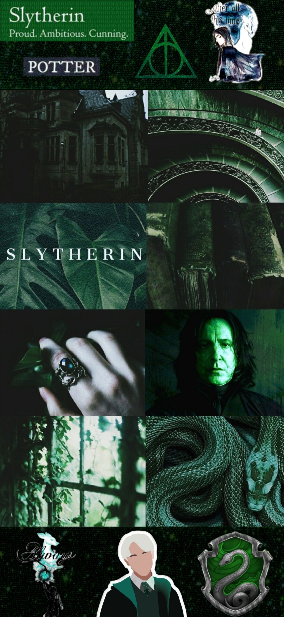 A collage of images from harry potter - Slytherin