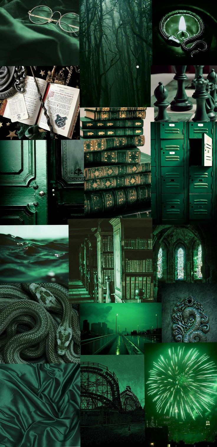 A collage of pictures with green and black - Slytherin