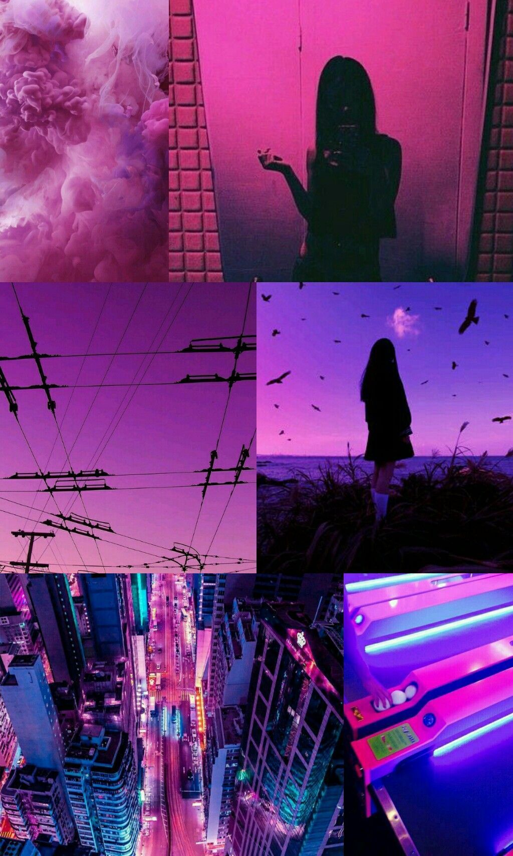 Aesthetic phone background collage of a girl, pink and purple clouds, city lights, and bats. - Magenta
