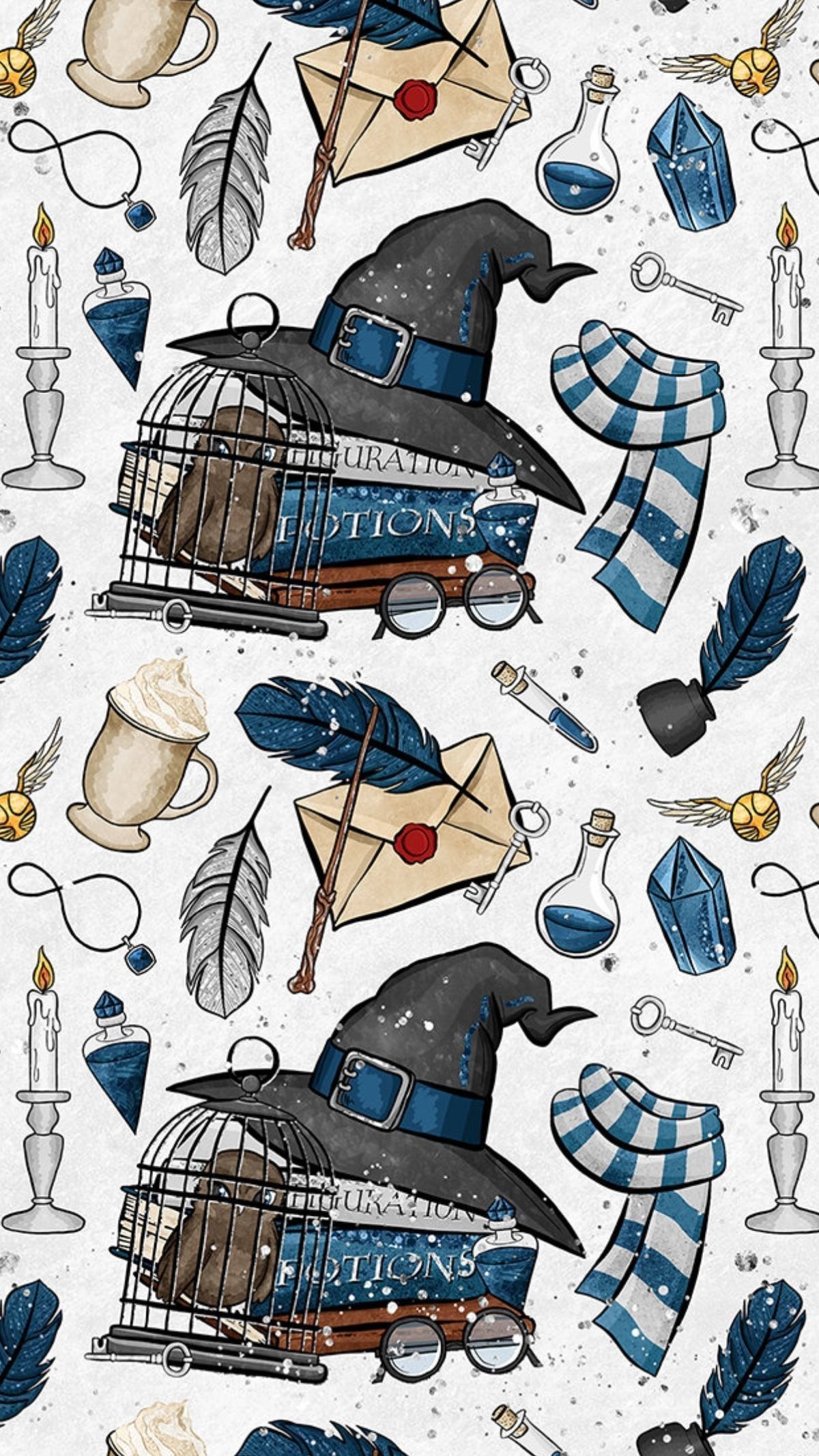 Harry Potter phone wallpaper with a pattern of Hogwarts items - Ravenclaw