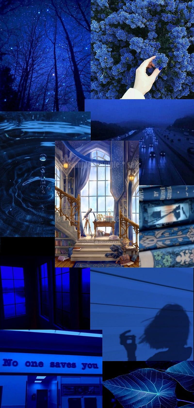 Blue aesthetic background with different blue images such as a book, a hand, a room, and a forest. - Ravenclaw