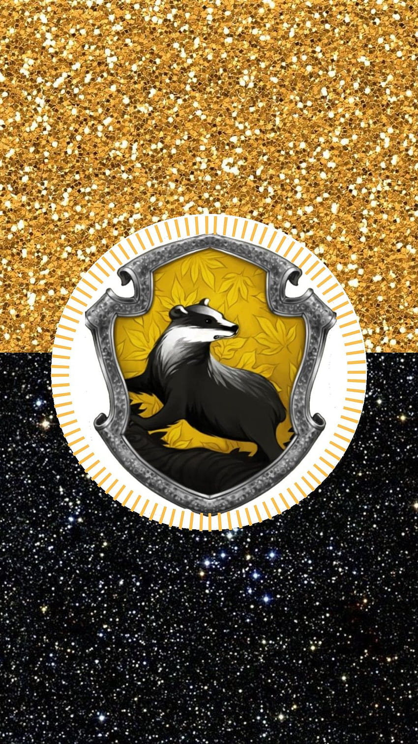 A phone wallpaper of the Hufflepuff crest against a black and gold background - Hufflepuff