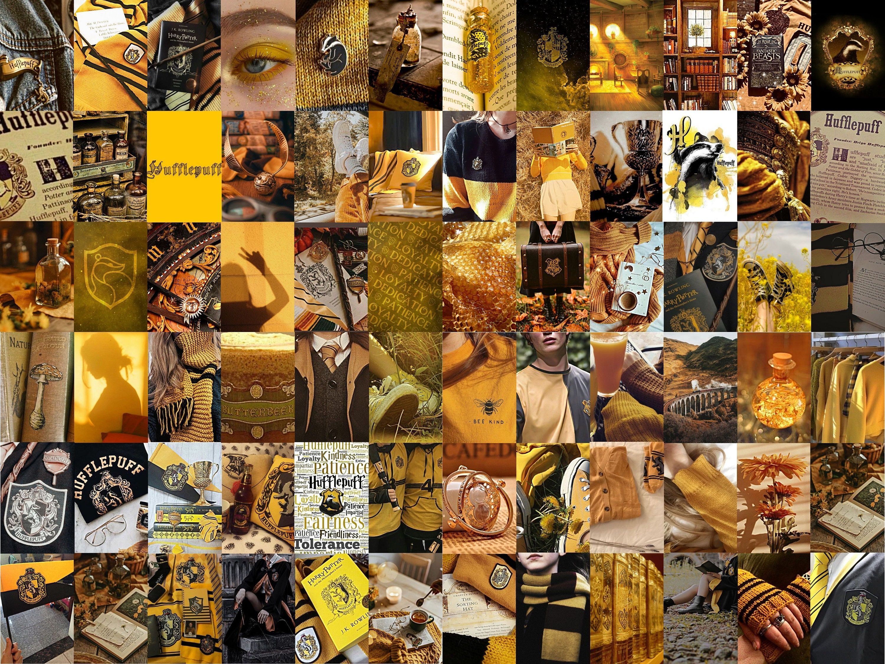 A collage of pictures in yellow and gold, representing the Hufflepuff house in Harry Potter. - Hufflepuff
