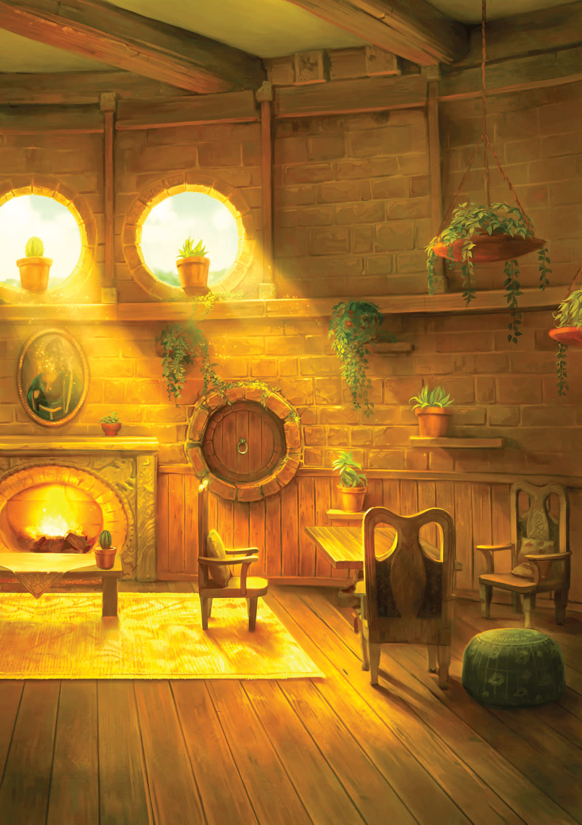 A cozy, rustic room with a fireplace, chairs, and potted plants. - Hufflepuff
