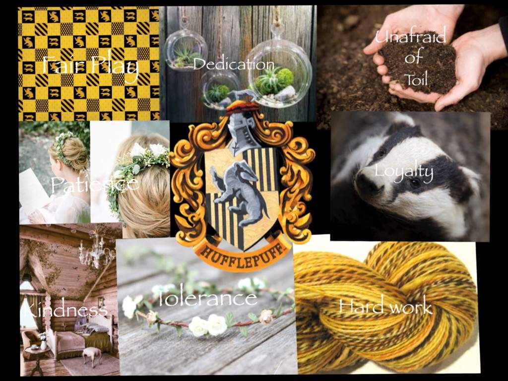 A collage of images representing the Hufflepuff house traits of loyalty, kindness, and hard work. - Hufflepuff