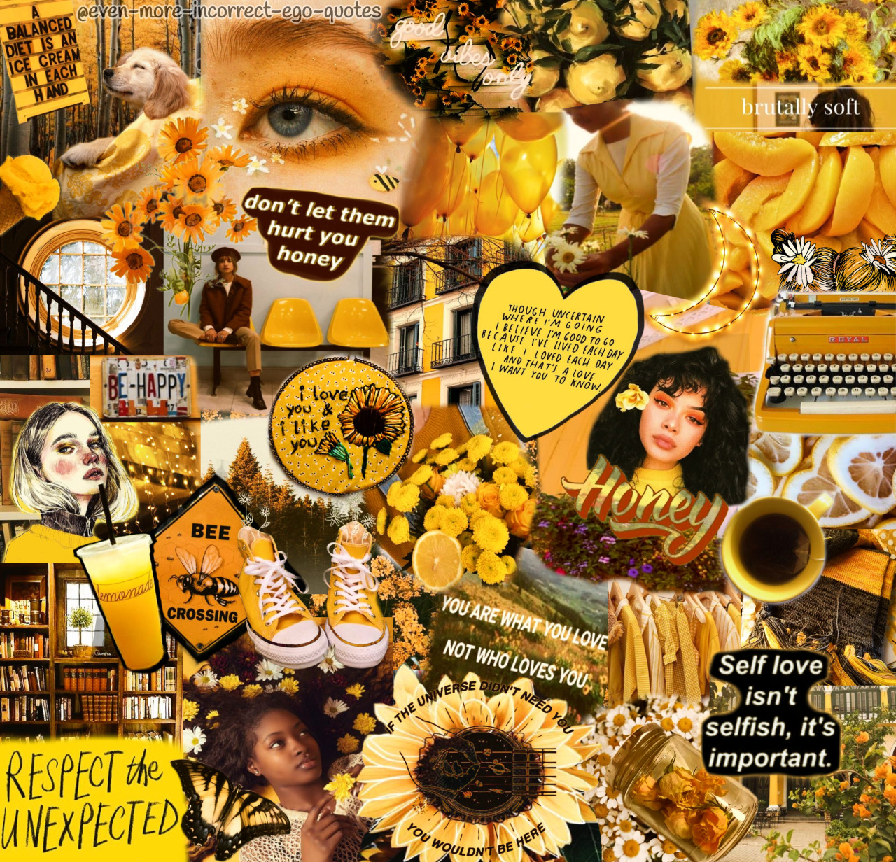 A collage of yellow aesthetic images, including sunflowers, a typewriter, and a bee. - Hufflepuff