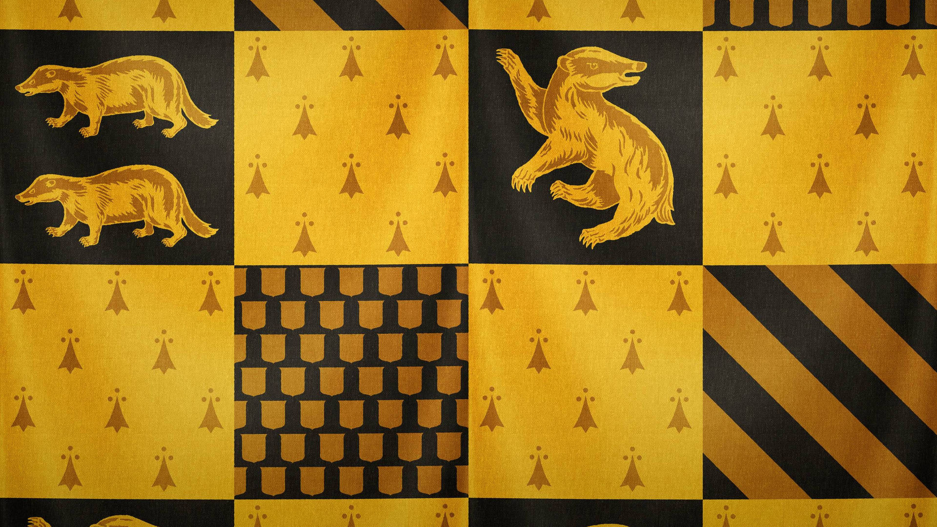 A yellow and black patterned curtain with animals on it - Hufflepuff