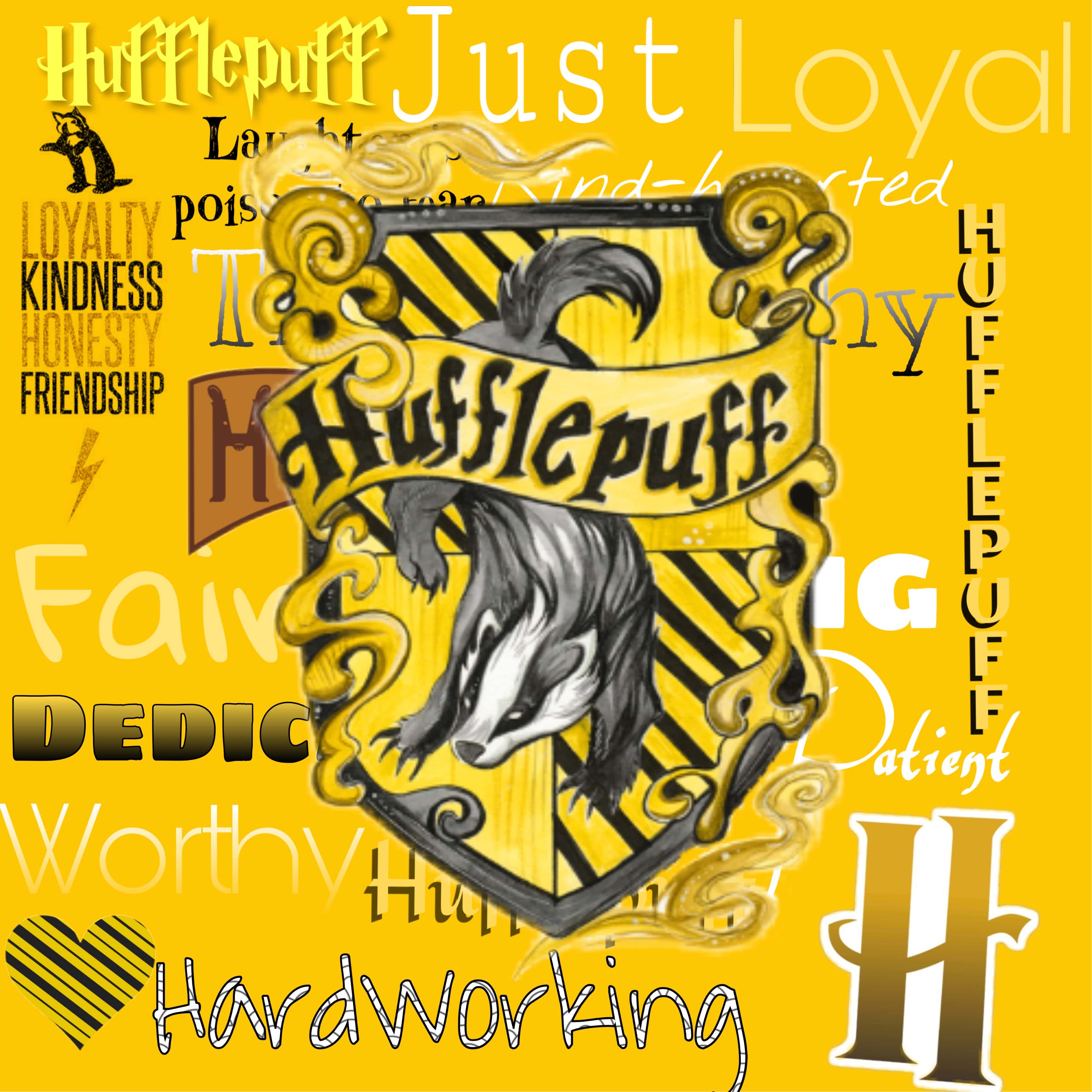 A collage of the Hufflepuff house crest and words associated with it. - Hufflepuff