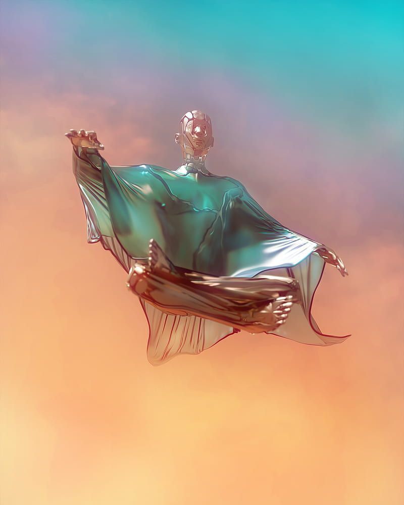 A metallic figure with a long flowing cape flies through the sky. - Spiritual