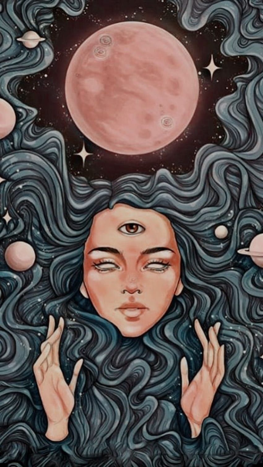 Artwork of a woman with long black hair and a third eye. - Spiritual