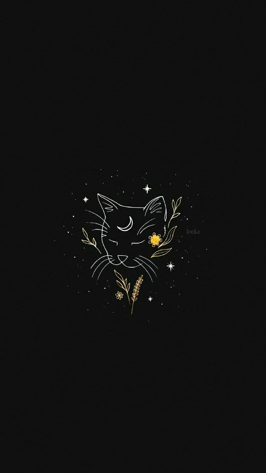 A black background with a white cat outline and white and yellow flowers around it - Spiritual