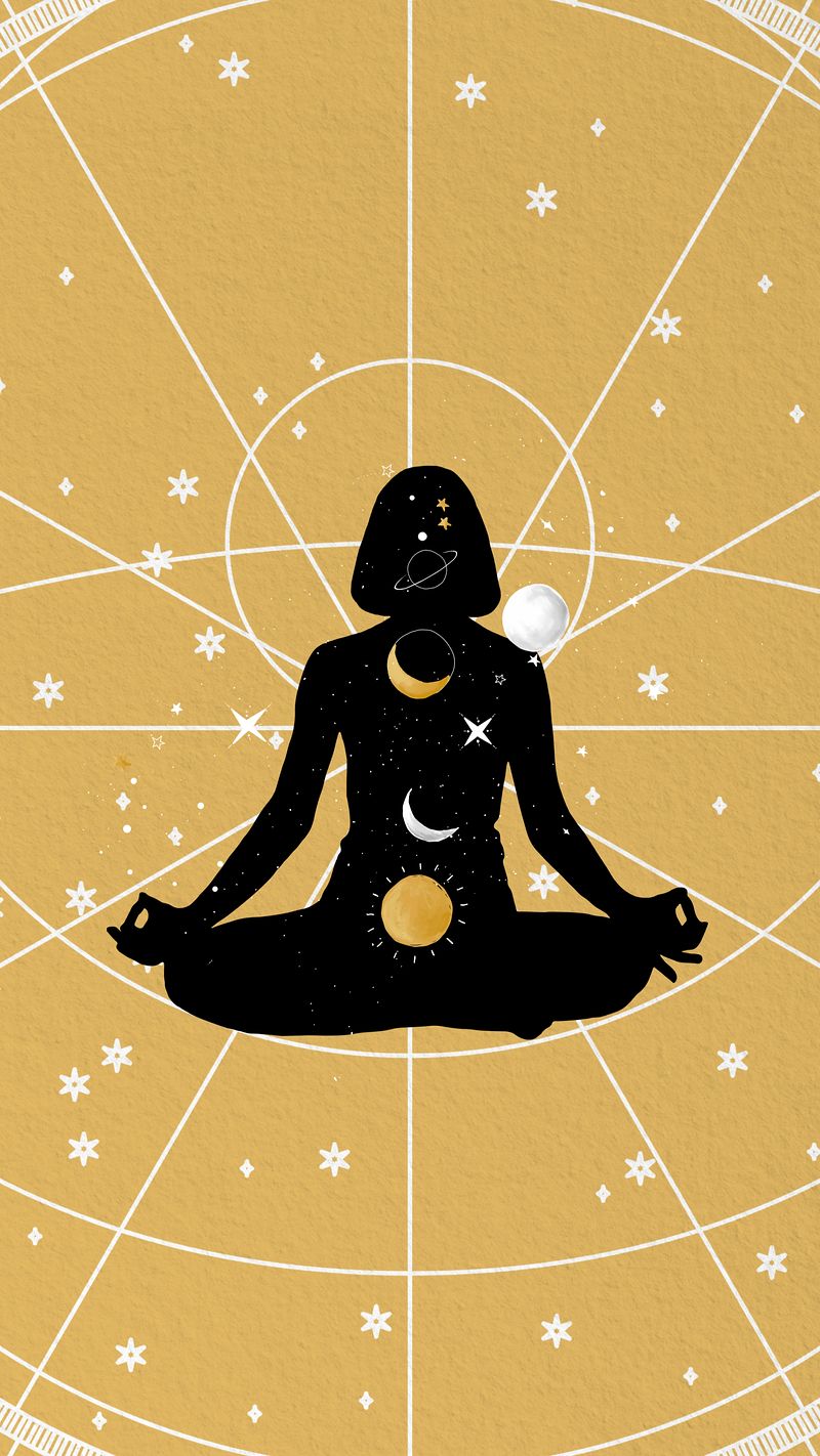 A woman in the lotus position with stars and planets around her - Spiritual