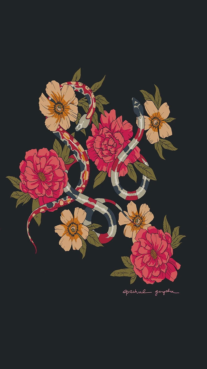 A snake wrapped around flowers on a black background - Spiritual