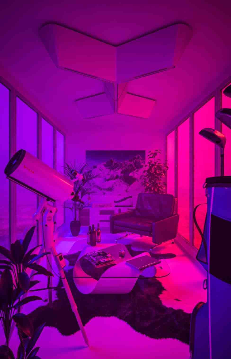 A purple lit room with a telescope and potted plants - Magenta