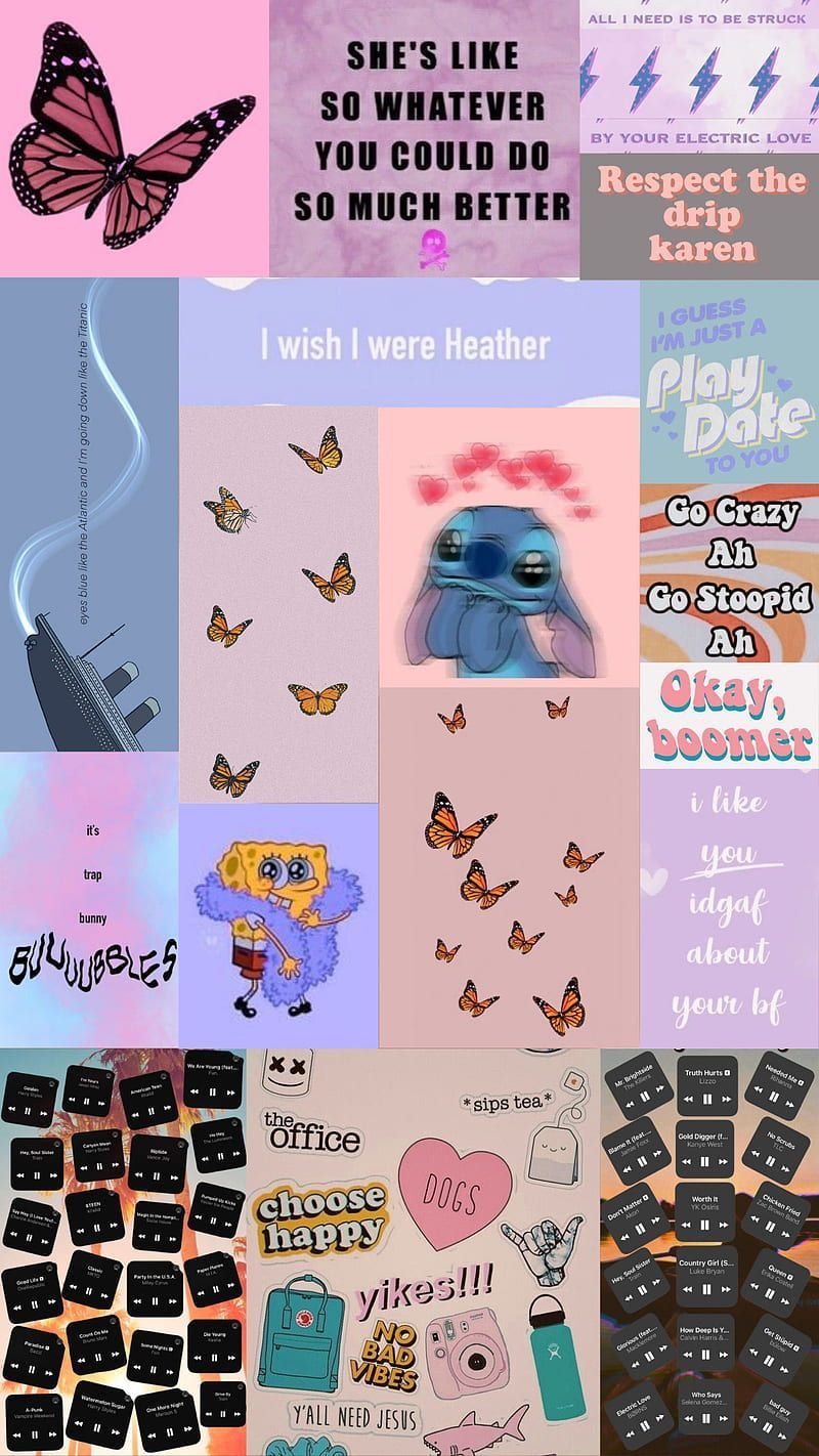 Collage of various phone backgrounds including butterfly, lilo and stitch, keyboard, and happy birthday. - TikTok