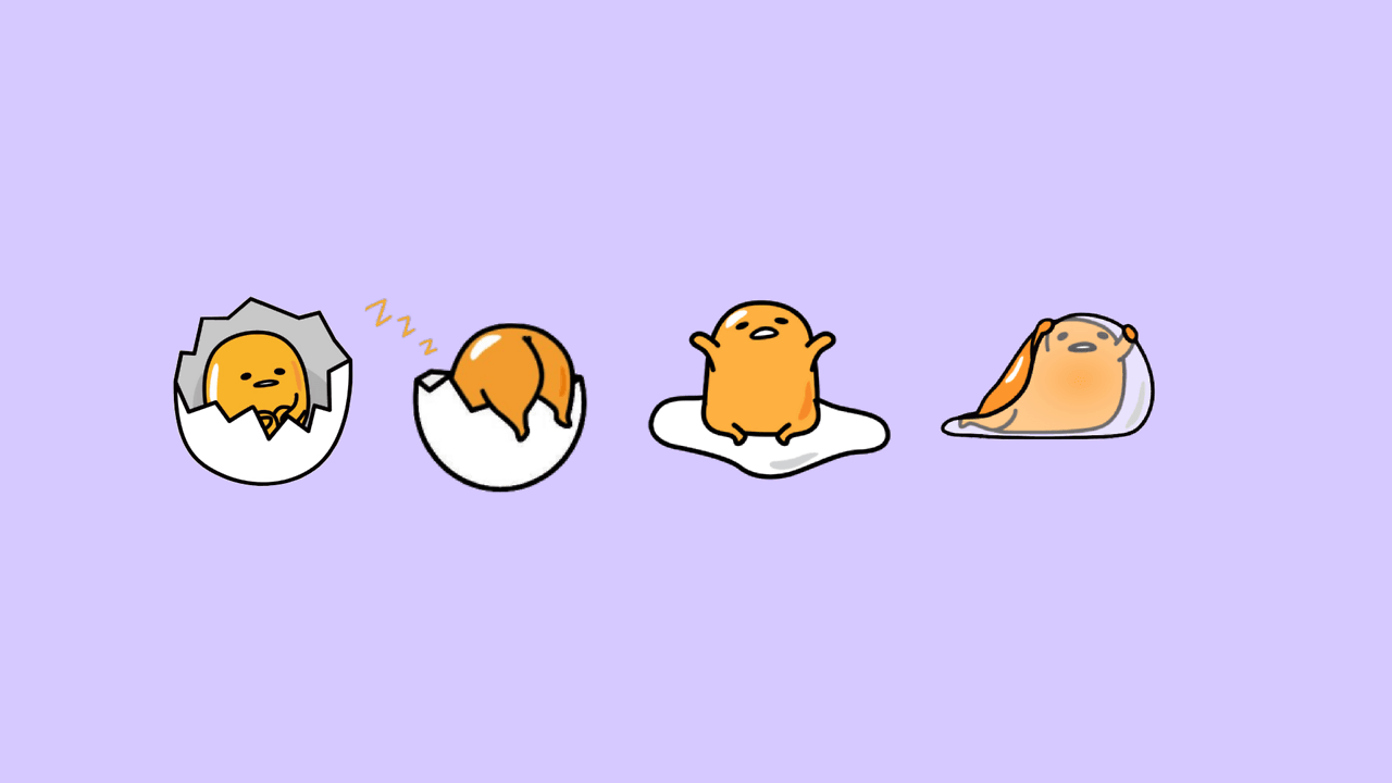 An illustration of four different stages of the egg's life: egg, egg hatching, little egg, and the final egg. - Gudetama