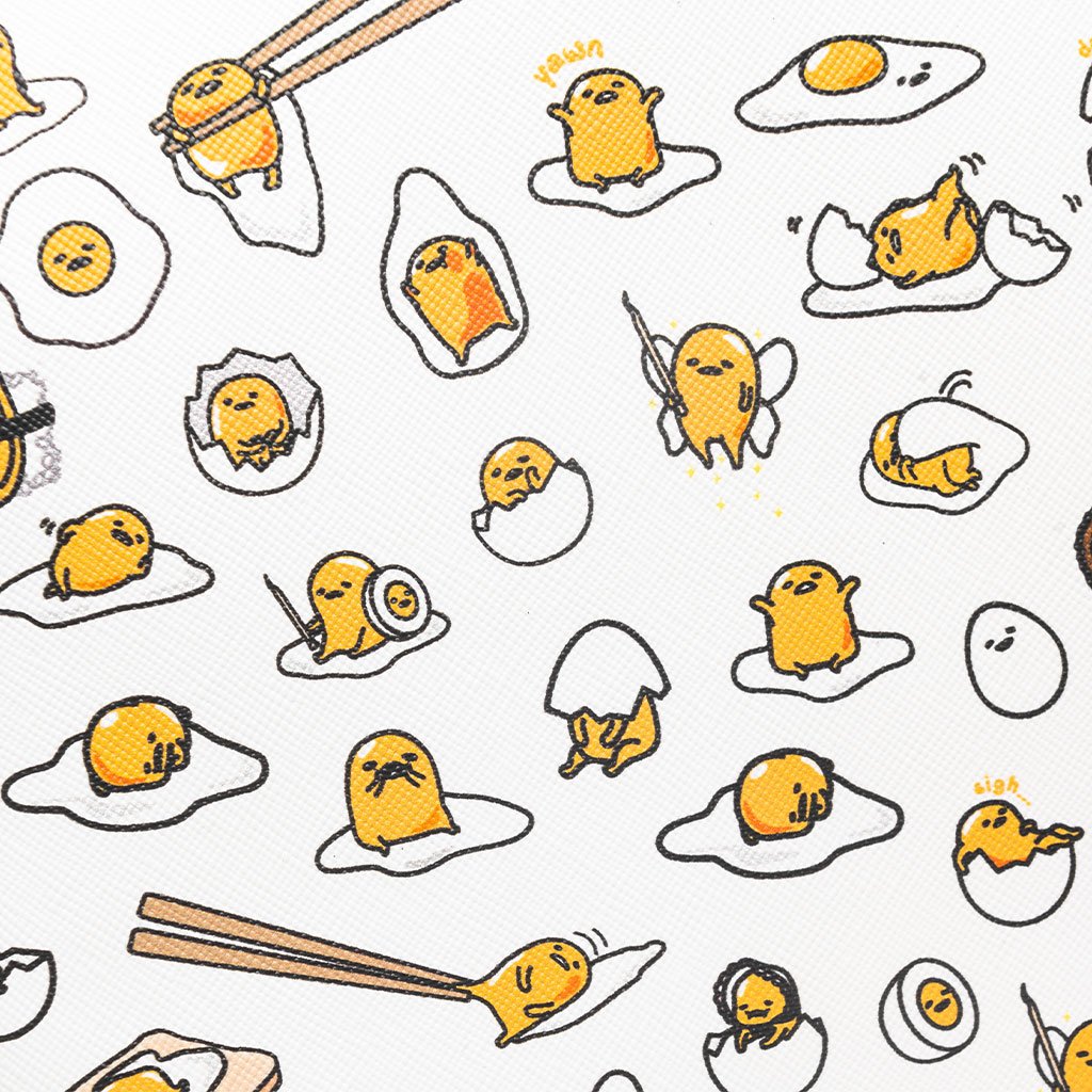 A close-up of the white version of the Gudetama necktie, with the lazy egg character in various poses and the chopstick and spoon details. - Gudetama