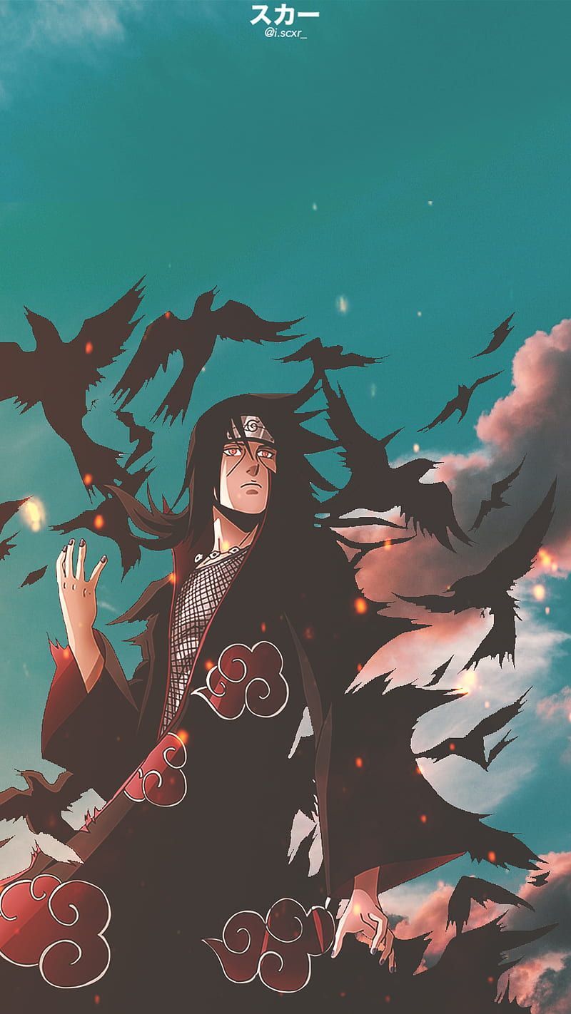 Itachi Uchiha, aesthetic, anime, anime, clouds, crow, naruto, nature, sky, HD phone wallpaper