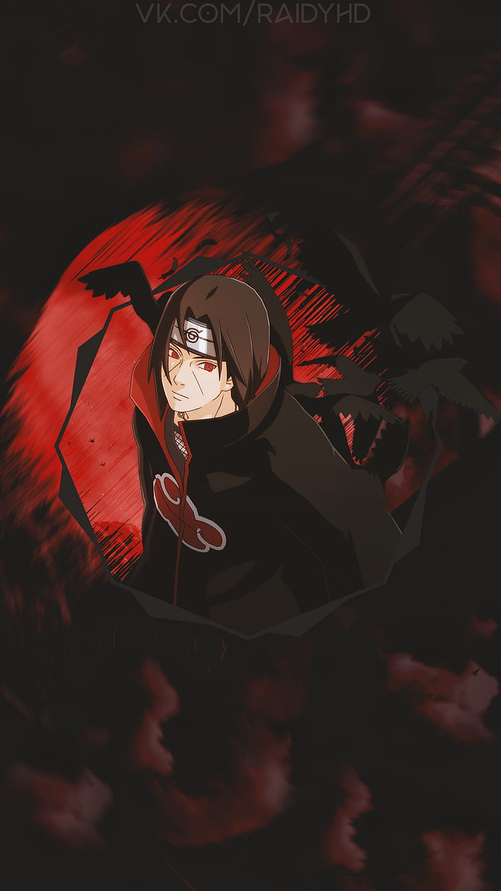 A man with black hair and red eyes is standing in front of an image - Itachi Uchiha