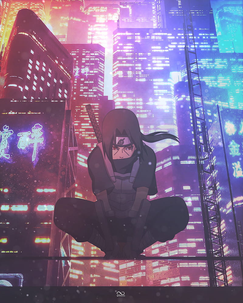 A man sitting on the edge of an urban city - Itachi Uchiha