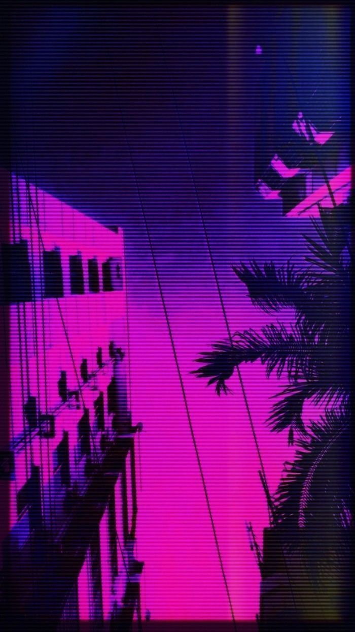 A purple and pink sky with buildings in the background - Magenta, technology, synthwave, dark vaporwave