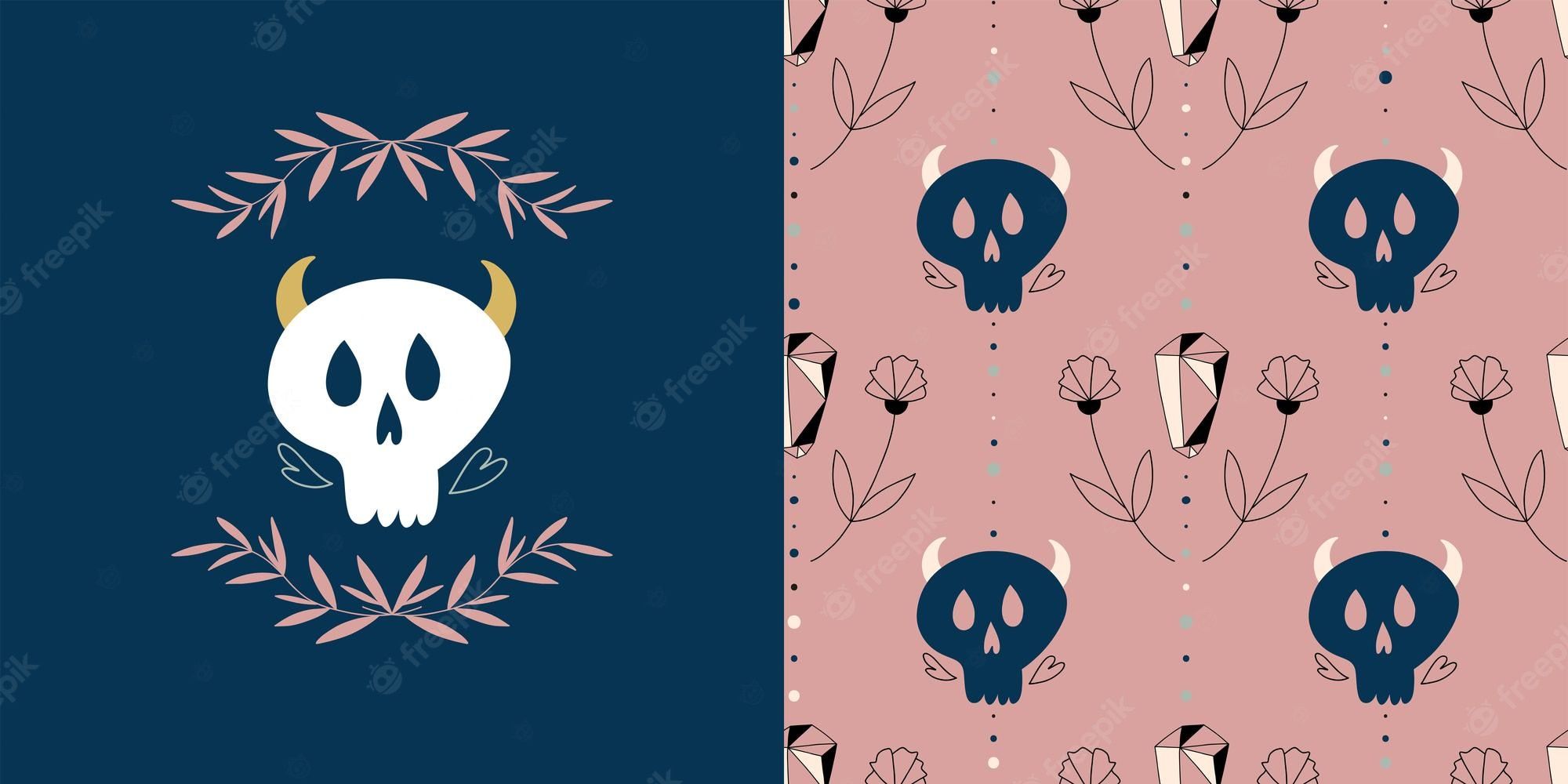 Premium Vector. Boho mystery print and seamless pattern esoteric and mystical set skull isolated object hand drawn doodle magician textile flowers and magic cristal wallpaper and fabric pink vector background