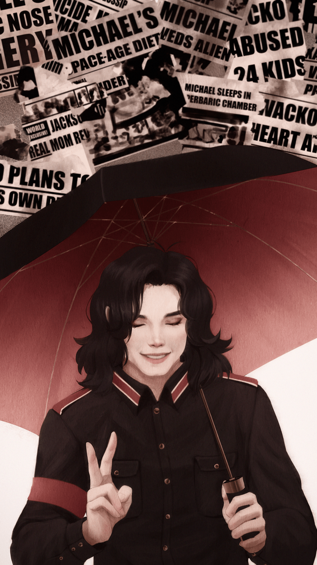 An image of Michael Jackson holding a red umbrella with a newspaper page behind him. - Michael Jackson