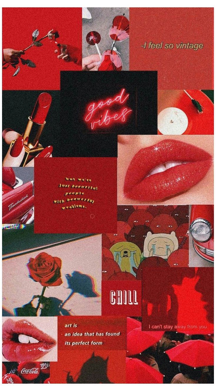 Red aesthetic wallpaper collage with red lips red rose and red phone case - Red