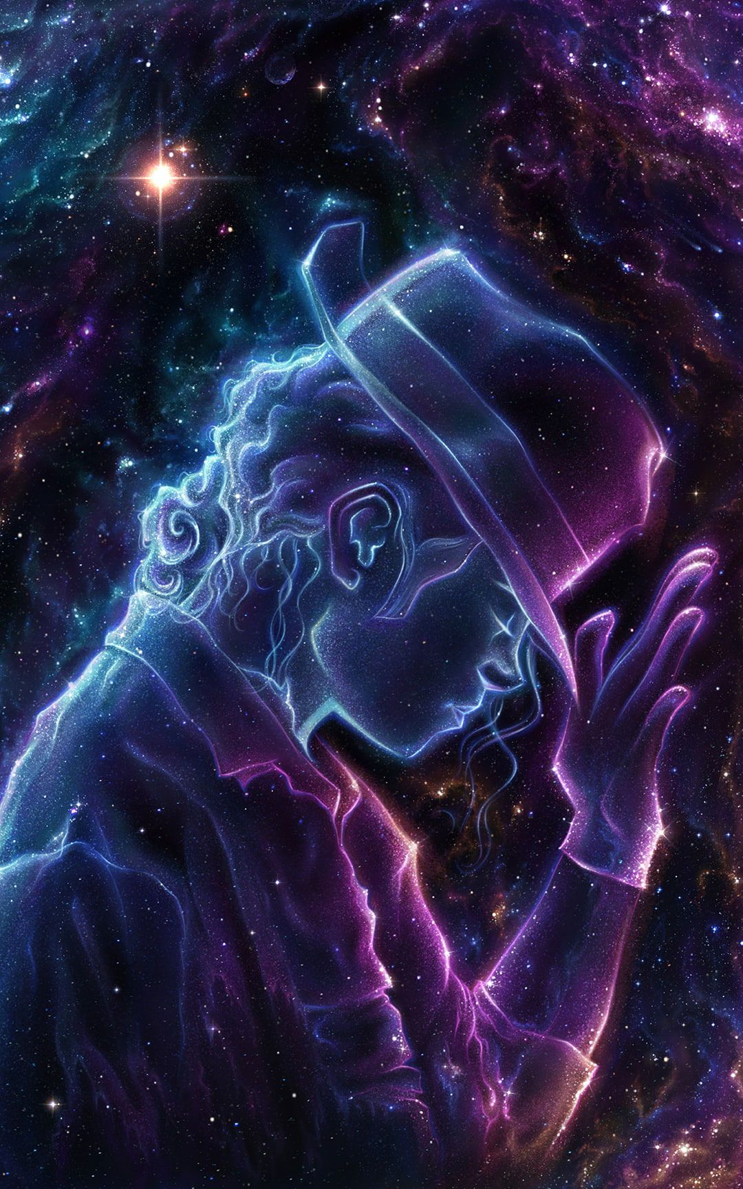 This image is an artistic illustration of a person wearing a hat and coat, looking up at the night sky filled with stars. The person appears to be holding a star in their hand. The background is a galaxy of purple and blue stars. - Michael Jackson