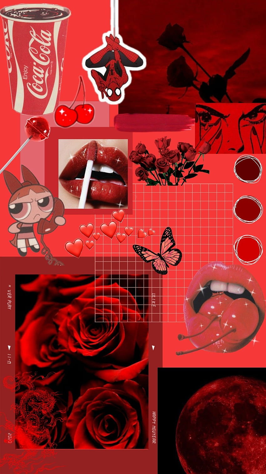 A collage of red images with coca cola and roses - Red
