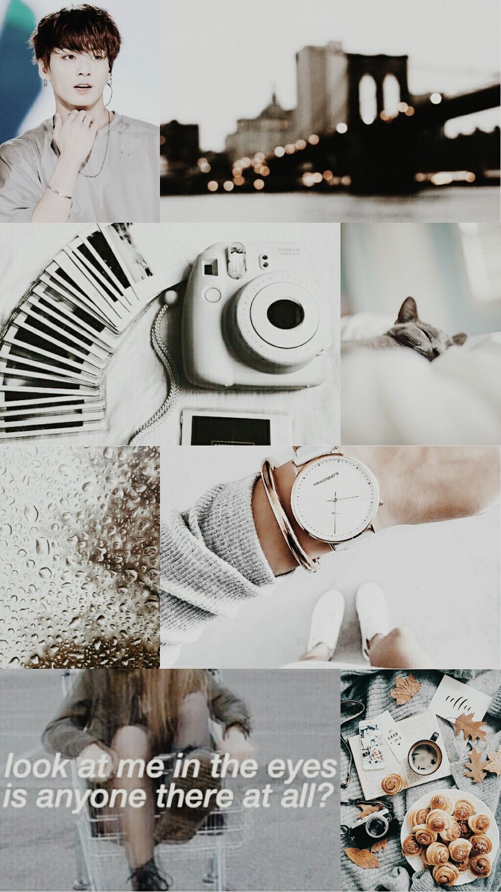A collage of photos including a polaroid camera, a watch, and a picture of EXO member Kai - BTS, Jungkook