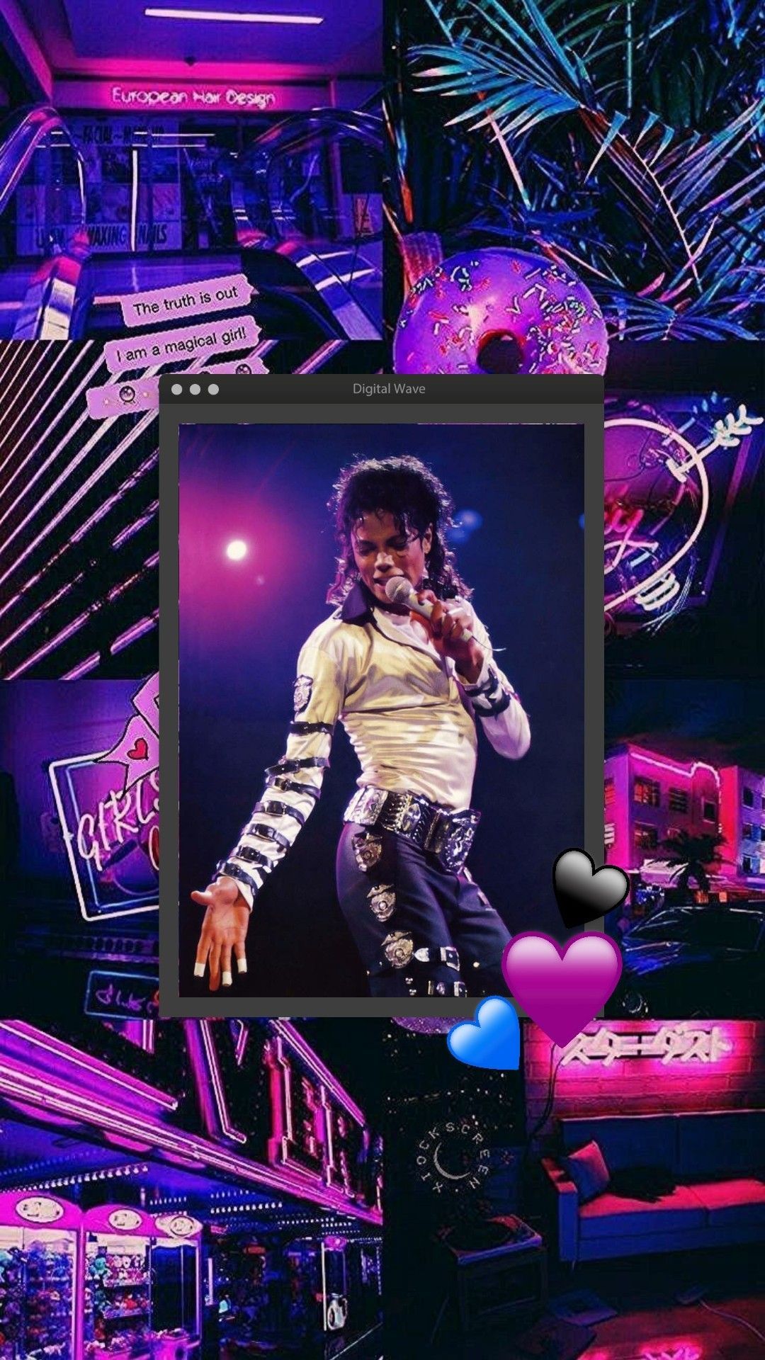 A collage of pictures with purple and pink lights - Michael Jackson