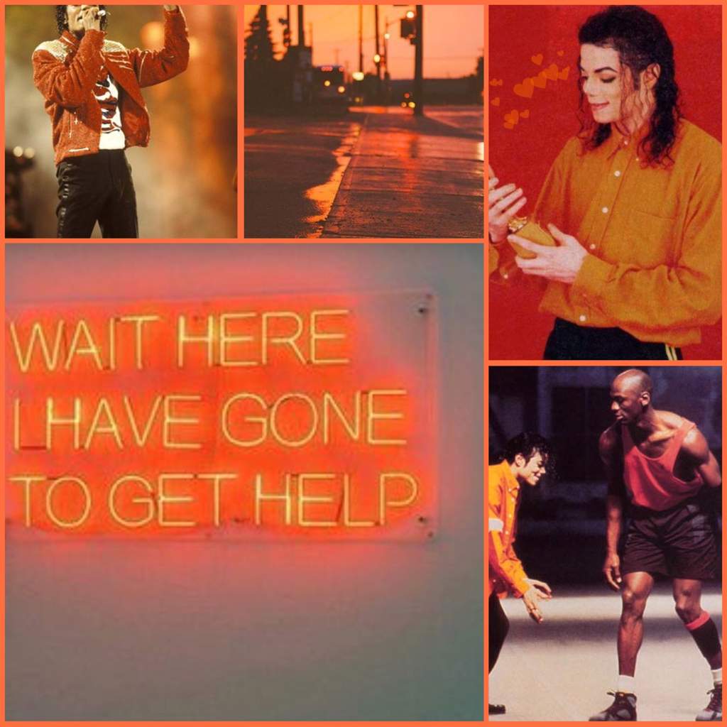 A collage of Michael Jackson images, including a neon sign that says 