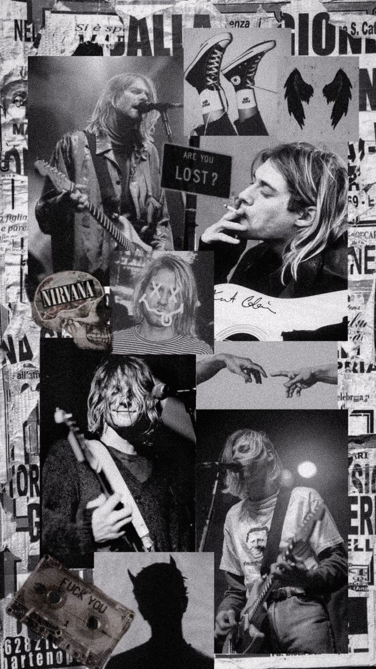 A collage of black and white pictures of Nirvana - Nirvana