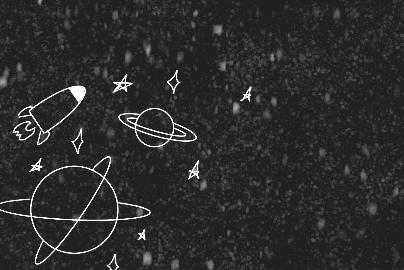 A black and white graphic of a rocket ship, planets, and stars - Space