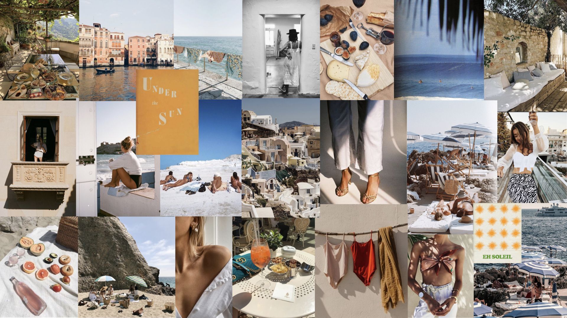 A collage of photos of a beach, boats, food, and people. - Spring