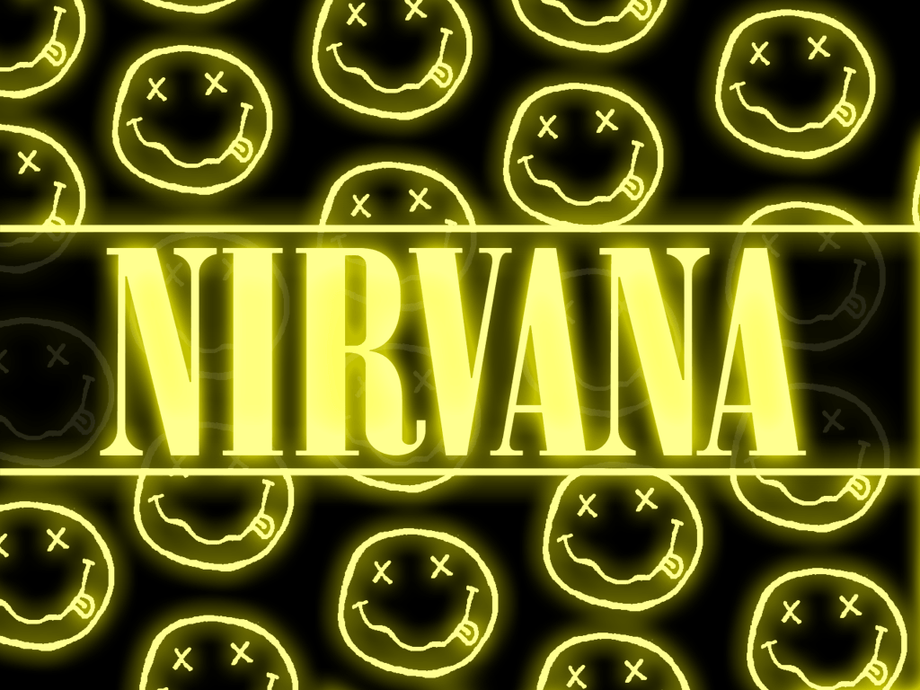 A yellow Nirvana logo on a black background with yellow smiley faces. - Nirvana