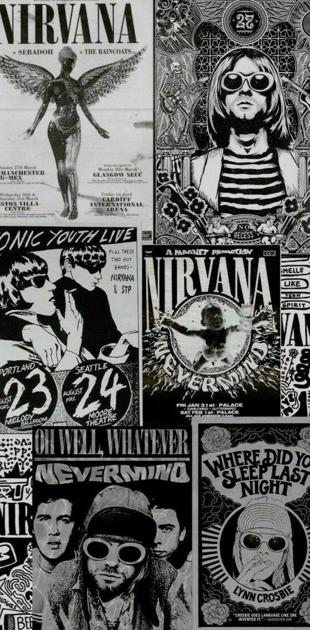 Black and white Nirvana posters on a wall - Nirvana