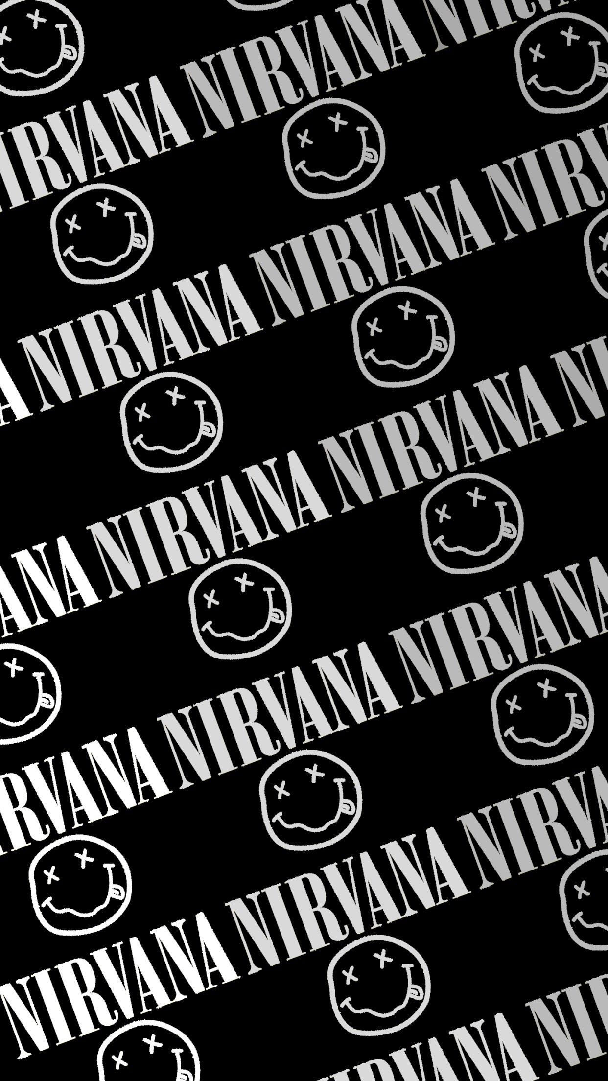 A black and white Nirvana wallpaper featuring the band's name and logo repeated in a pattern. - Nirvana