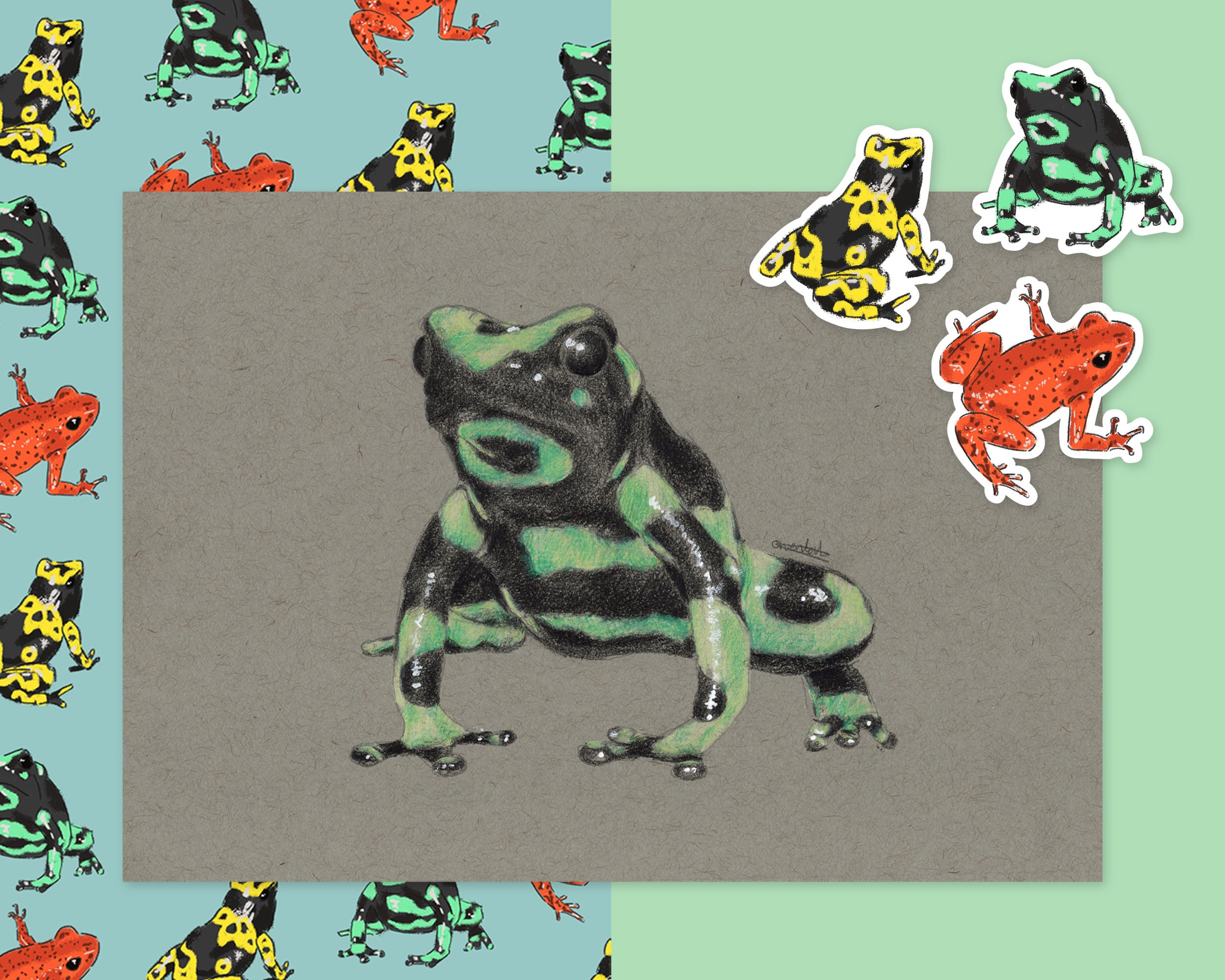 A drawing of an animal with many stickers - Frog