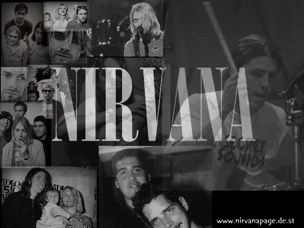 A collage of pictures of Nirvana members and the word Nirvana in the middle - Nirvana