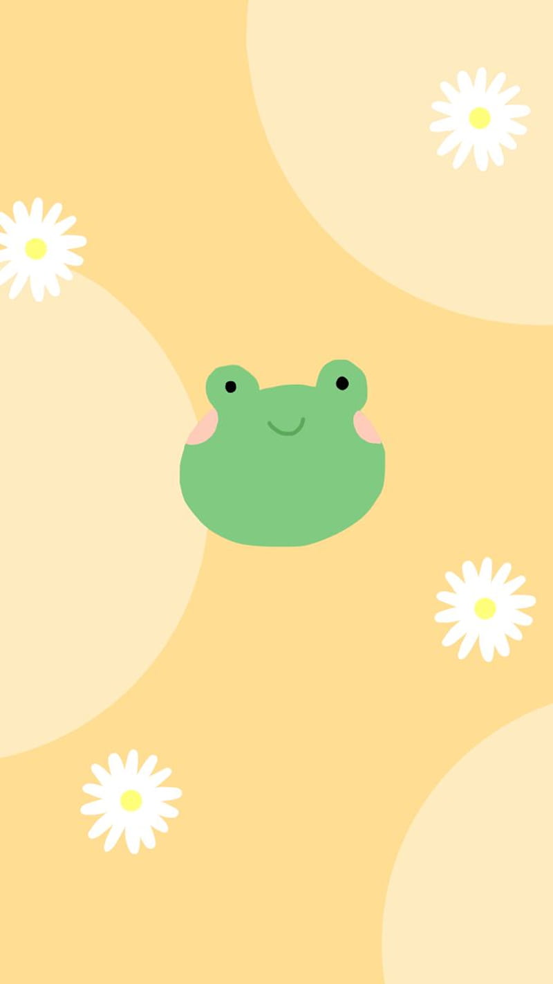 A green frog with white flowers on a yellow background - Frog