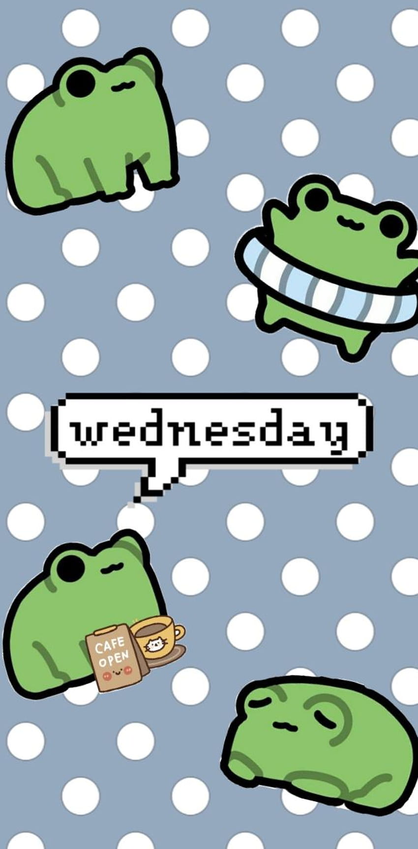 Wednesday wallpaper with cute frog characters on a polka dot background - Frog