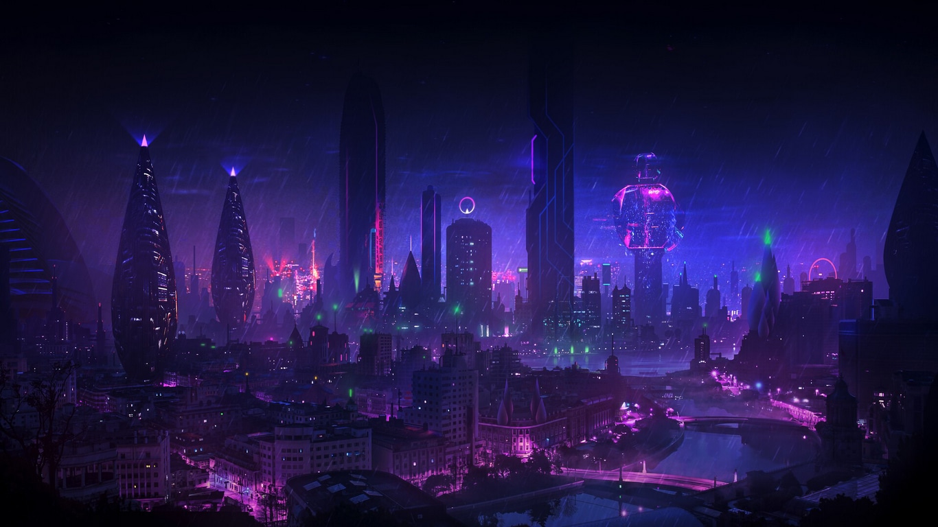A cyberpunk city at night with purple and blue lights - City